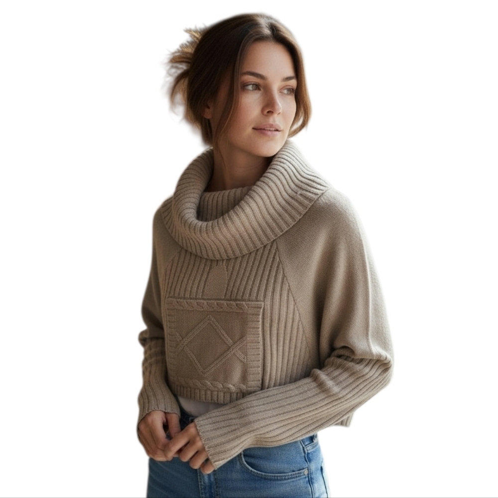 Pink Rose Neutral Taupe Knit Crop Cowl Neck Sweater Kangaroo Pockets size small